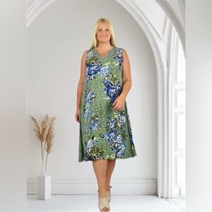 NEW La Cera Plus Size Sleeveless V-Neck Artistic Floral Dress Green Women’s 1X